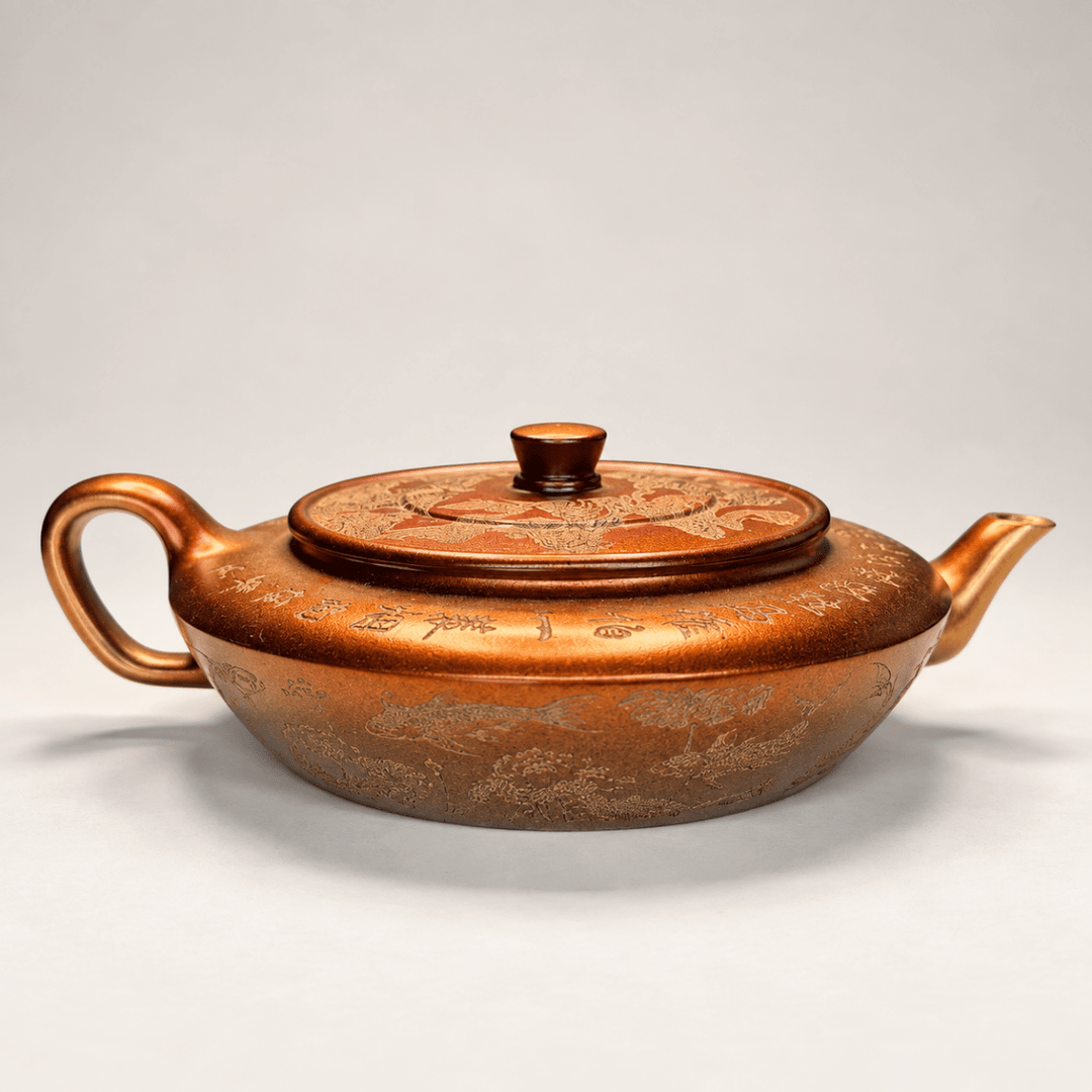 Pearlescent Nine Koi - Handmade Yixing FLAT Teapot 165ml - Tea and Whisk