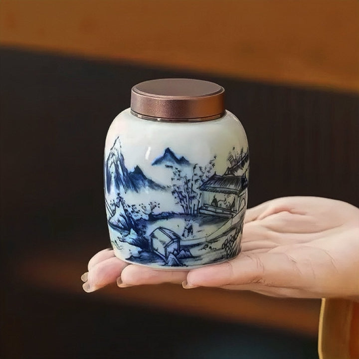 Premium Qinghua Porcelain Canister - Tea and Whisk