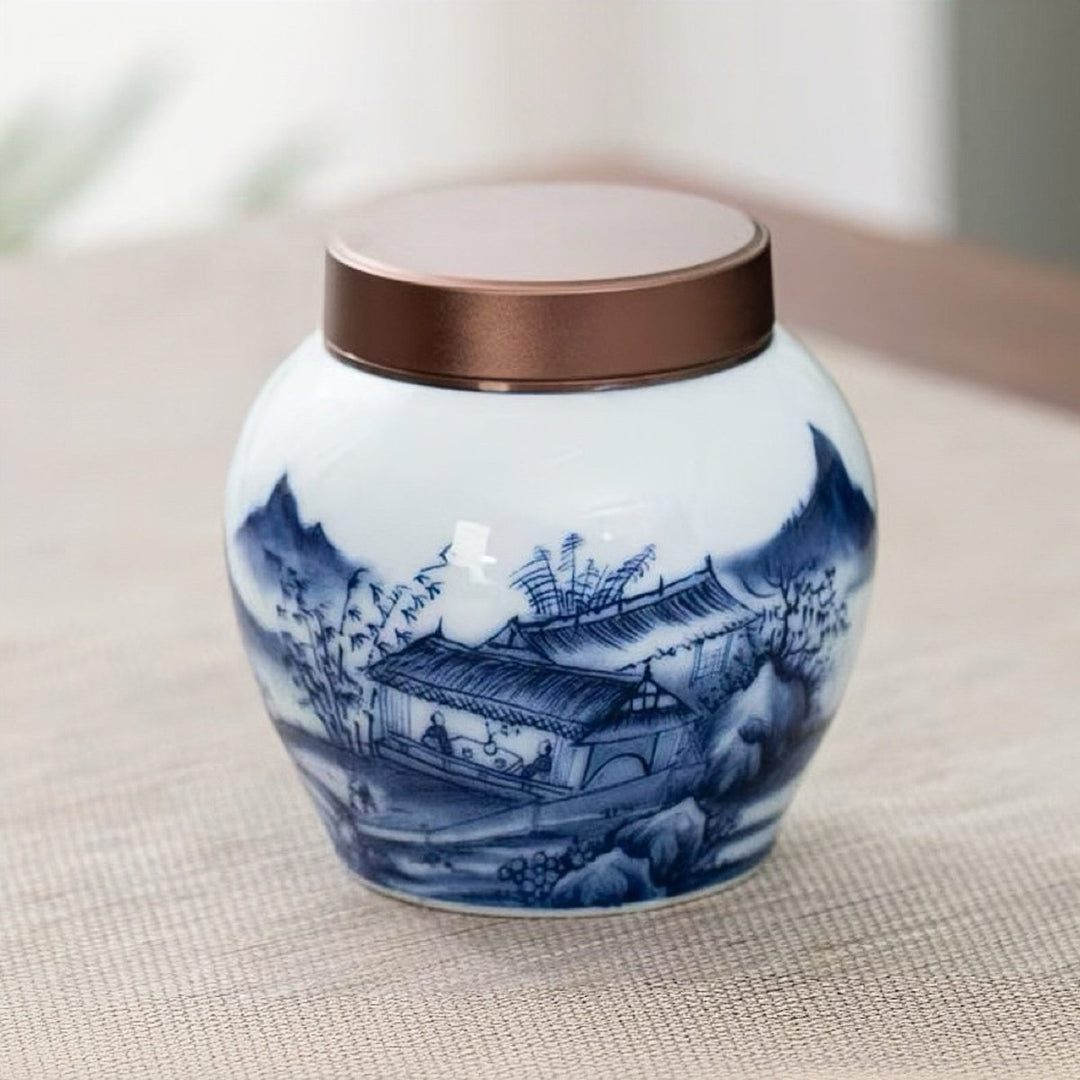 Premium Qinghua Porcelain Canister - Tea and Whisk