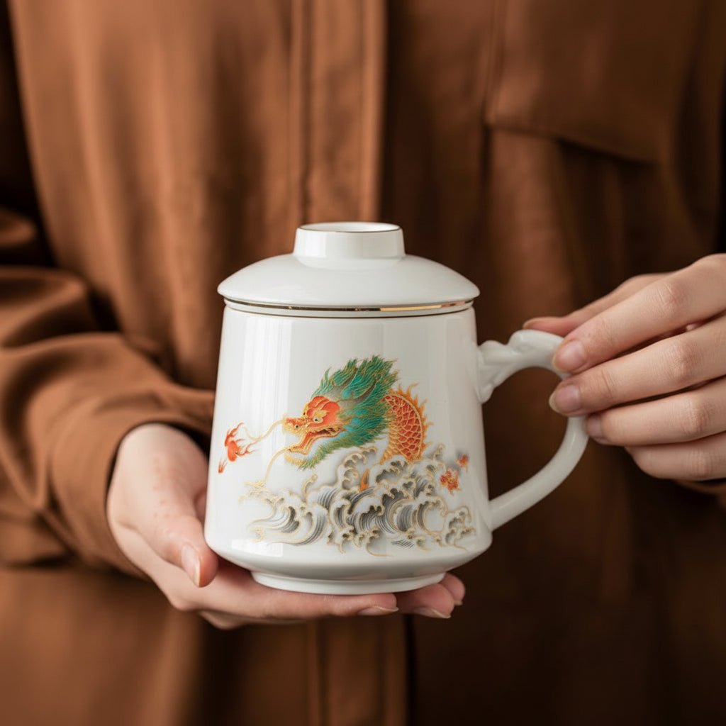 Pure White Porcelain Office Travel Tea Mug with Infuser - Tea and Whisk