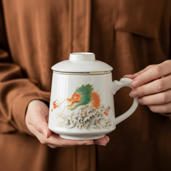 Pure White Porcelain Office Travel Tea Mug with Infuser - Tea and Whisk