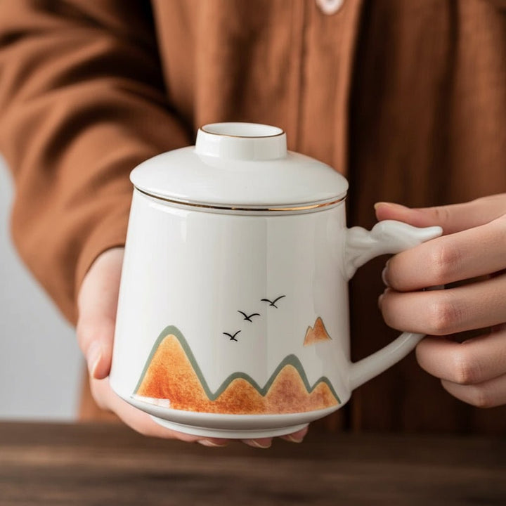 Pure White Porcelain Office Travel Tea Mug with Infuser - Tea and Whisk