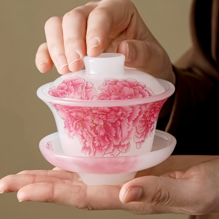 Red Peony Liuli Gaiwan with Two Teacups Set of 3 in a Gift Box - Tea and Whisk