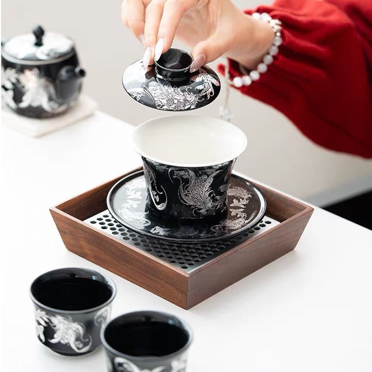 Royal Black Teapot and Gaiwan Set with 2 Teacups - Tea and Whisk
