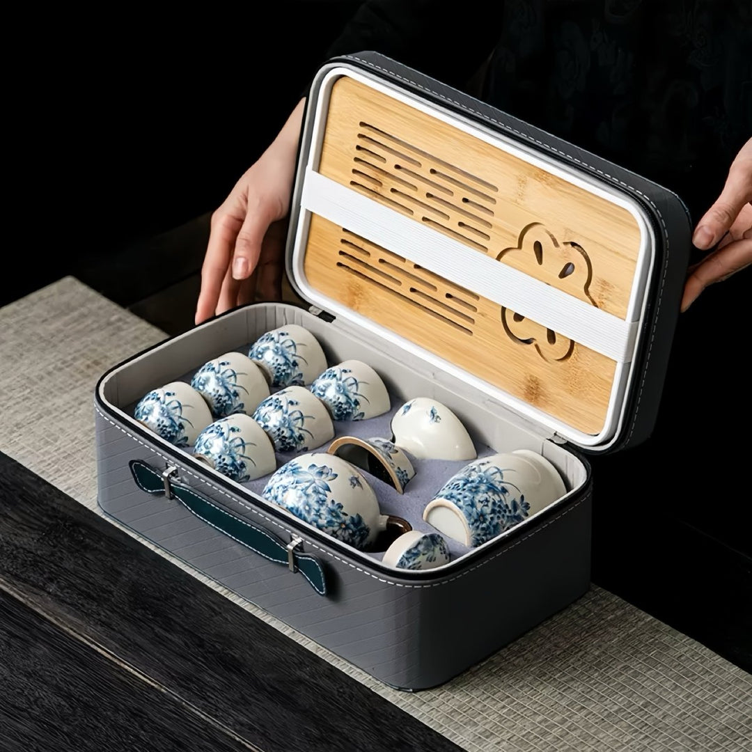 Ru Kiln Hand - painted Complete Ceremonial Gongfu Travel Tea Set - Tea and Whisk