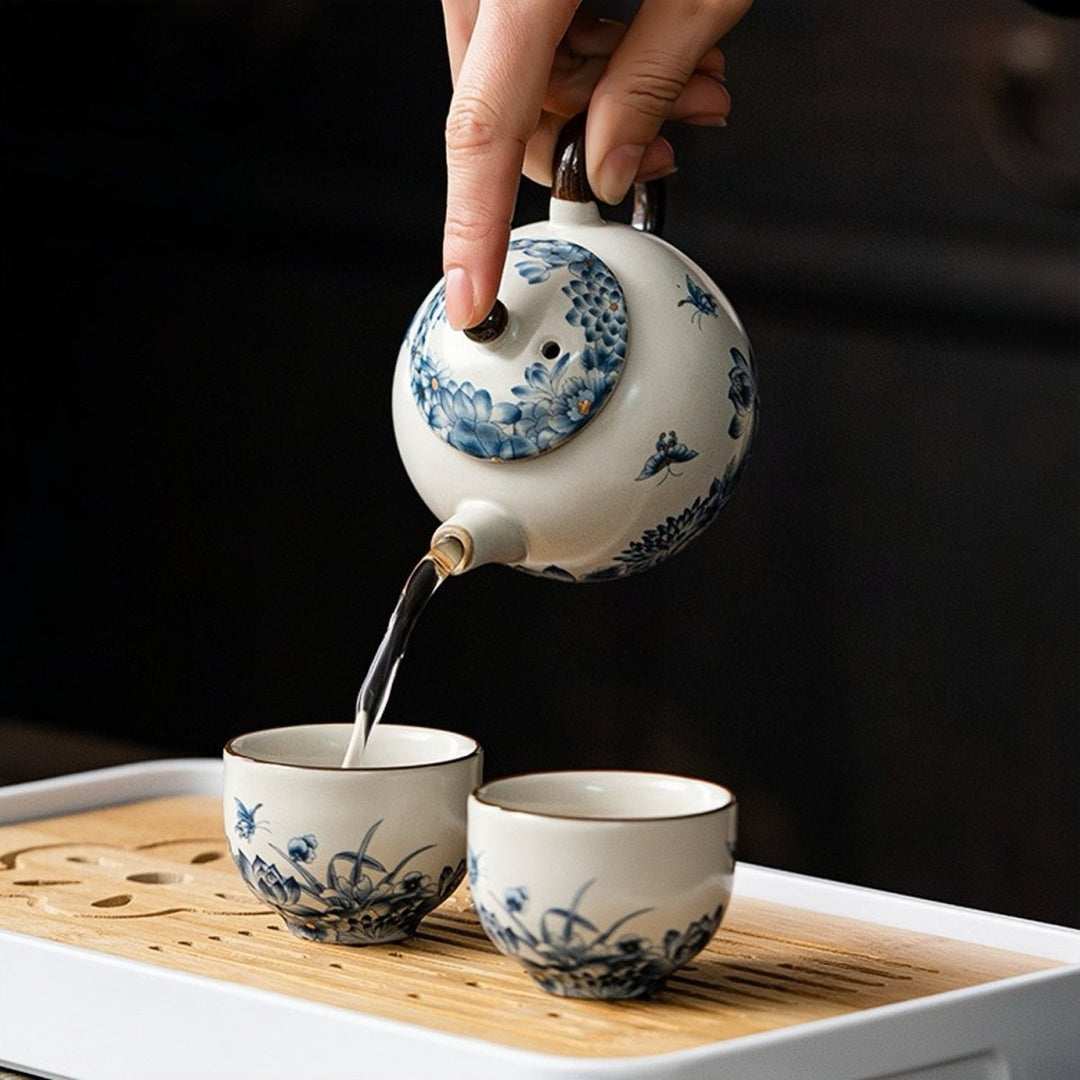 Ru Kiln Hand - painted Complete Ceremonial Gongfu Travel Tea Set - Tea and Whisk