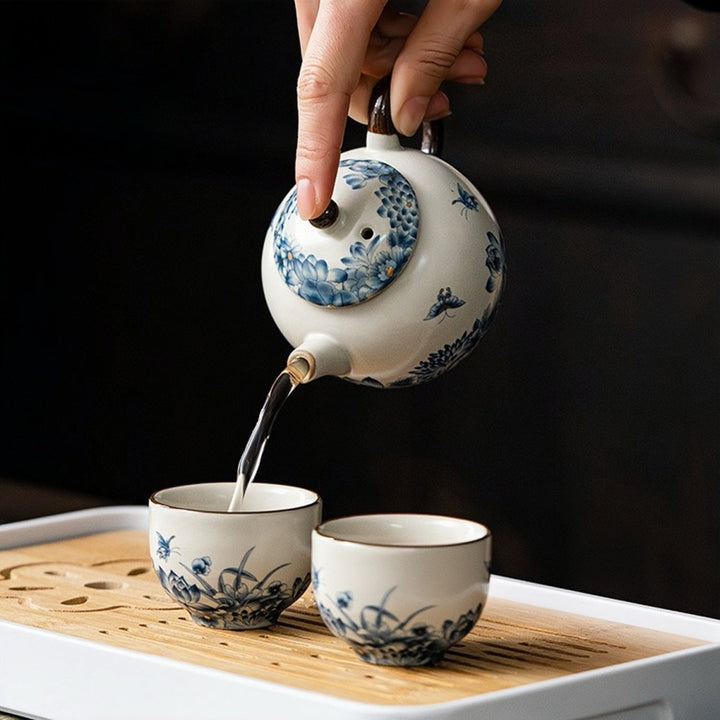 Ru Kiln Hand - painted Complete Ceremonial Gongfu Travel Tea Set - Tea and Whisk