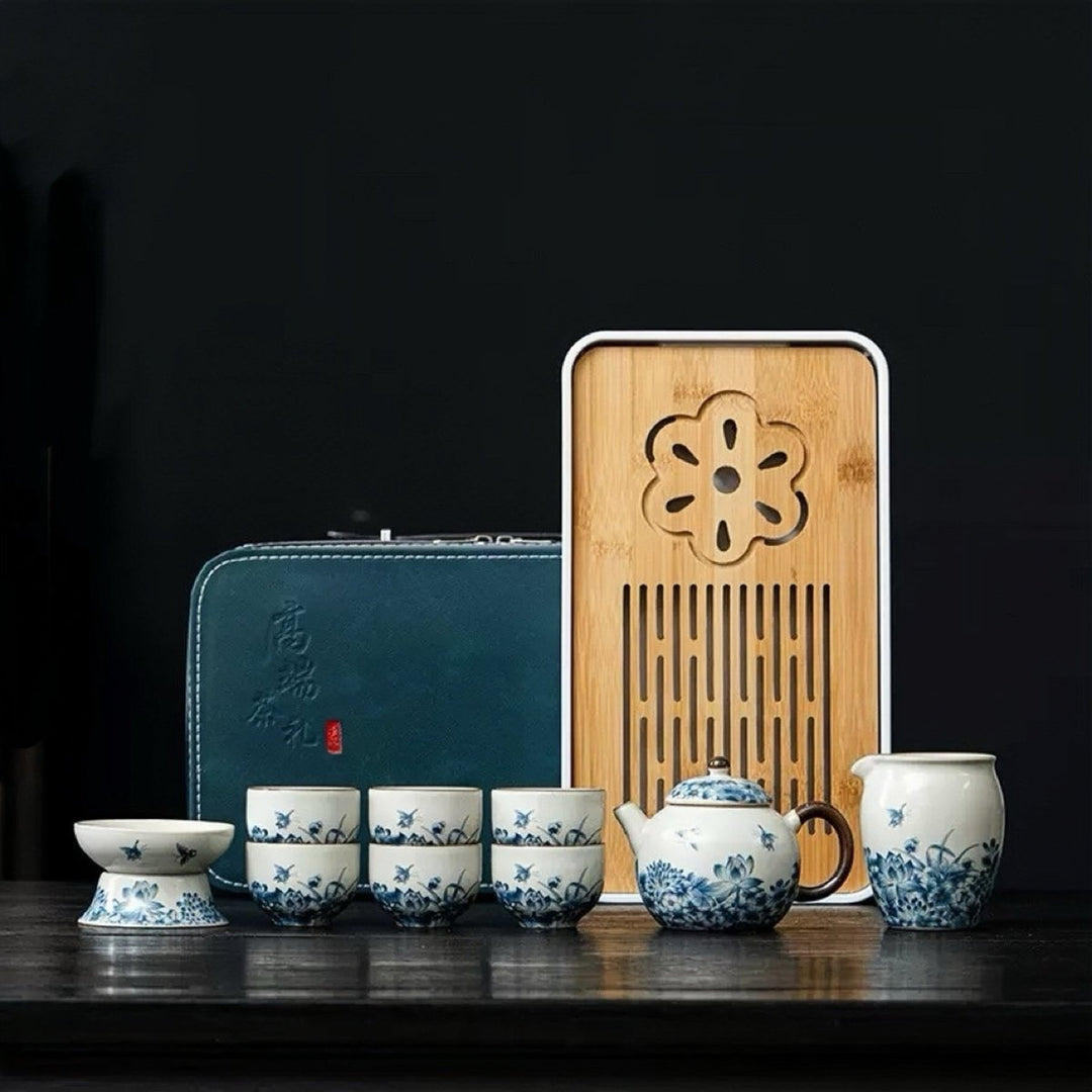 Ru Kiln Hand - painted Complete Ceremonial Gongfu Travel Tea Set - Tea and Whisk