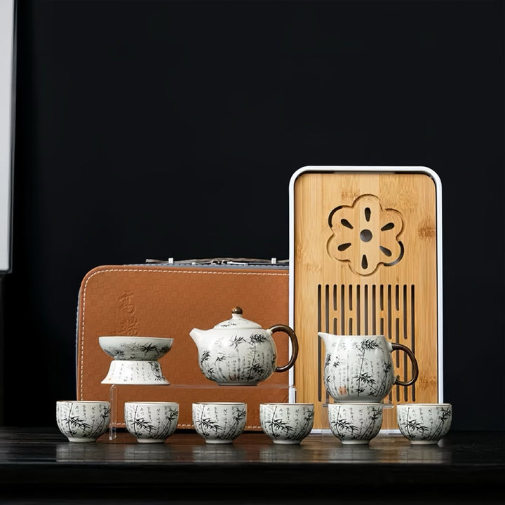 Ru Kiln Hand - painted Complete Ceremonial Gongfu Travel Tea Set - Tea and Whisk