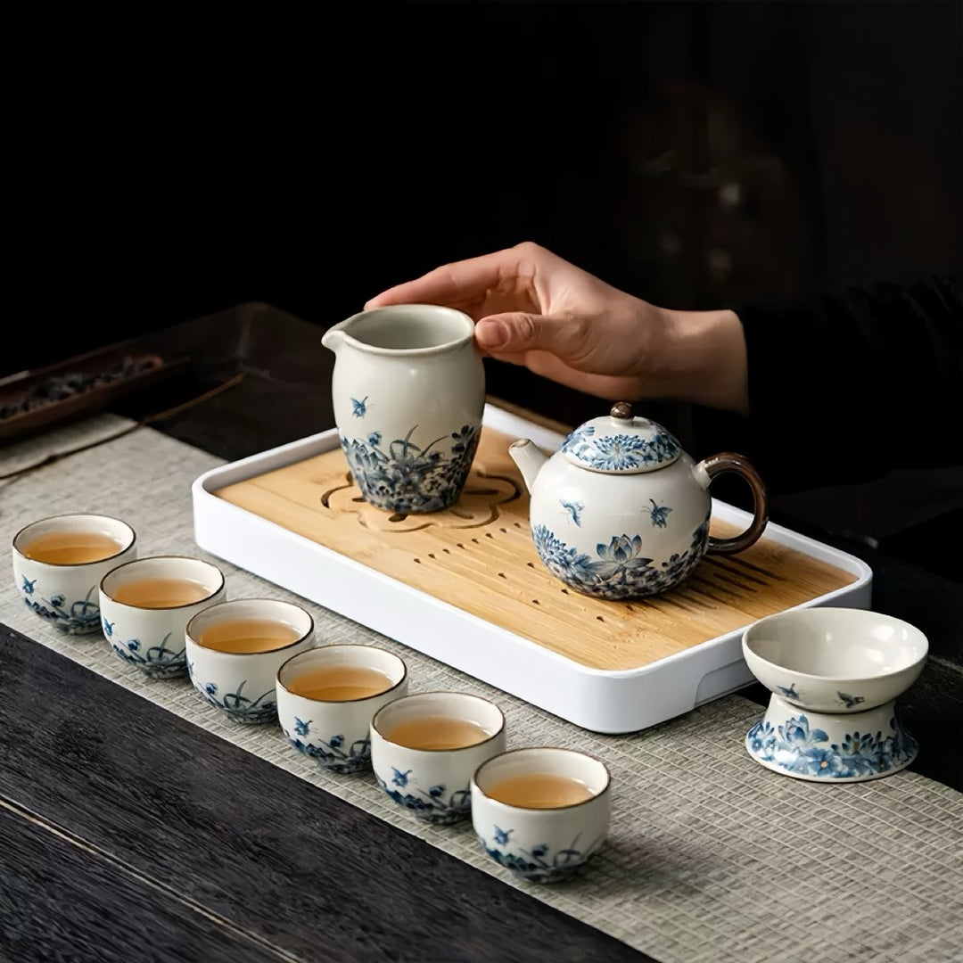 Ru Kiln Hand - painted Complete Ceremonial Gongfu Travel Tea Set - Tea and Whisk