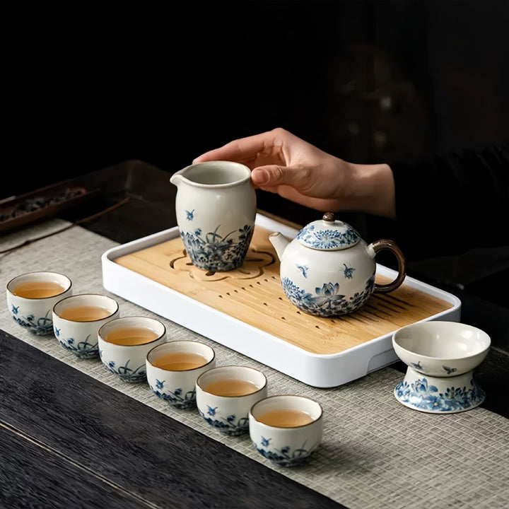 Ru Kiln Hand - painted Complete Ceremonial Gongfu Travel Tea Set - Tea and Whisk