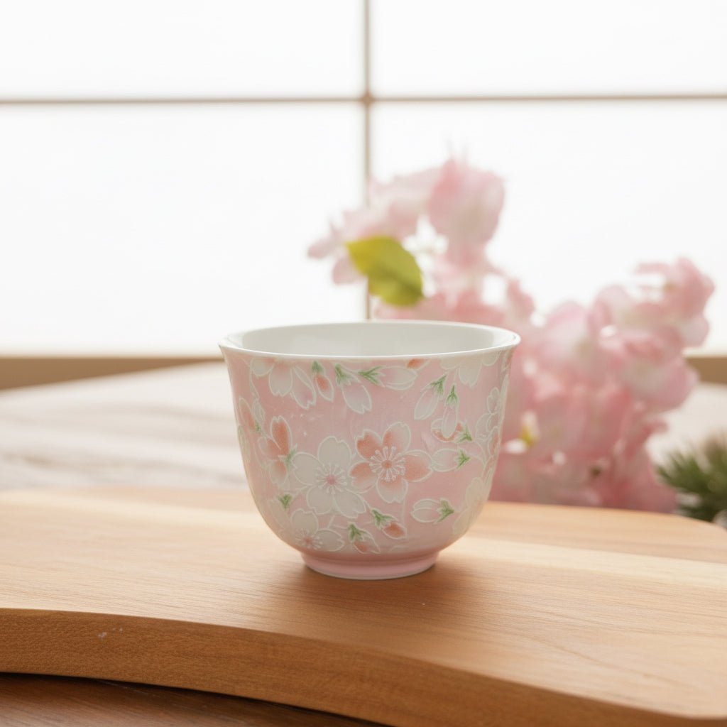 Sakura Kasumi -Japanese Hand-painted Banko-yaki Teacup - Tea and Whisk