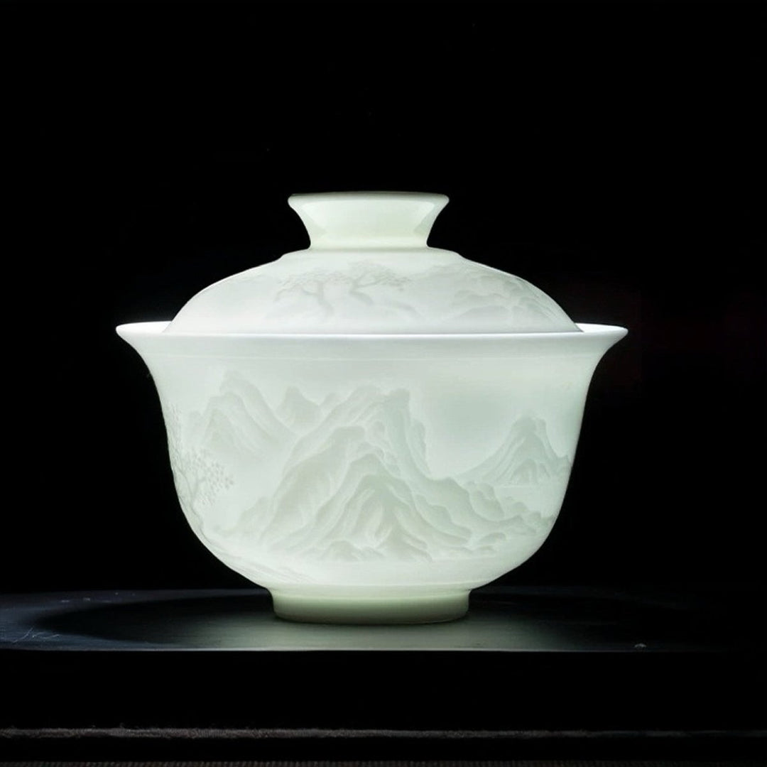 Shadow Mountain - Jingdezhen Hand - carved White Jade Porcelain Gaiwan - Tea and Whisk