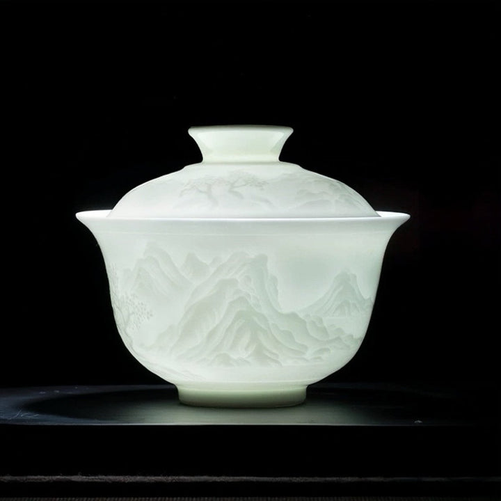 Shadow Mountain - Jingdezhen Hand - carved White Jade Porcelain Gaiwan - Tea and Whisk