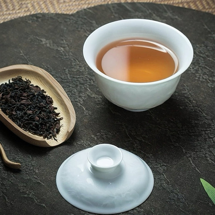 Shadow Mountain - Jingdezhen Hand - carved White Jade Porcelain Gaiwan - Tea and Whisk