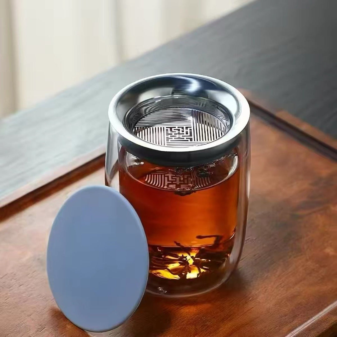 Silent Pour Double - wall Glass Tea Brewer with Strainer Lid - Tea and Whisk