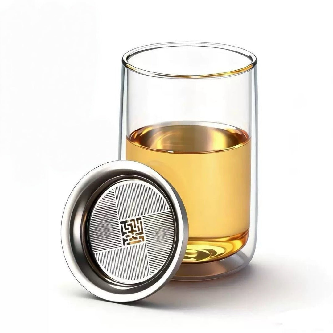 Silent Pour Double - wall Glass Tea Brewer with Strainer Lid - Tea and Whisk