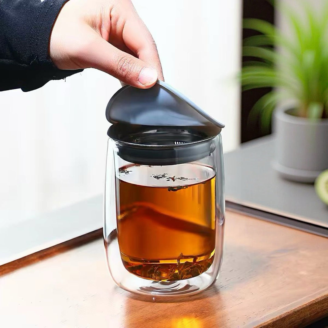 Silent Pour Double - wall Glass Tea Brewer with Strainer Lid - Tea and Whisk
