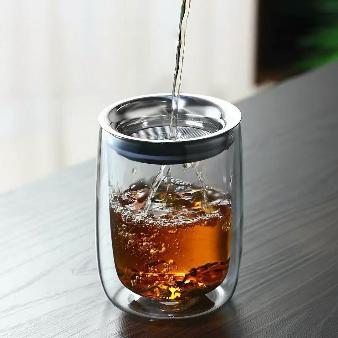 Silent Pour Double - wall Glass Tea Brewer with Strainer Lid - Tea and Whisk