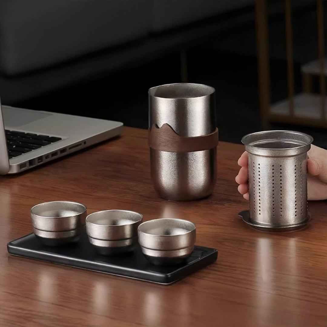 Silver Whisper - Lifetime Double - Wall Titanium Travel Tea Set - Tea and Whisk