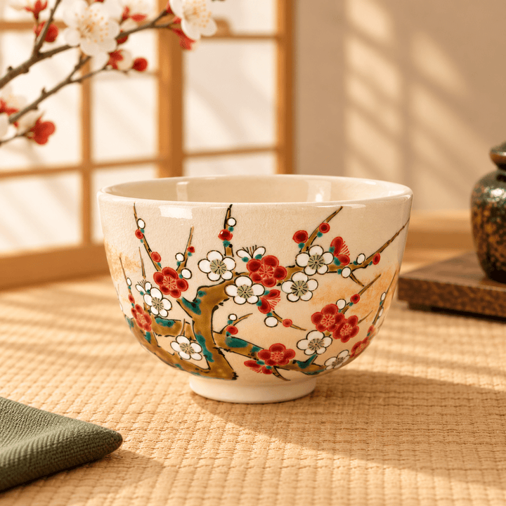 Spring Plum Blossom – Master Handmade Kyoto Kiyomizu-yaki Matcha Bowl - Tea and Whisk