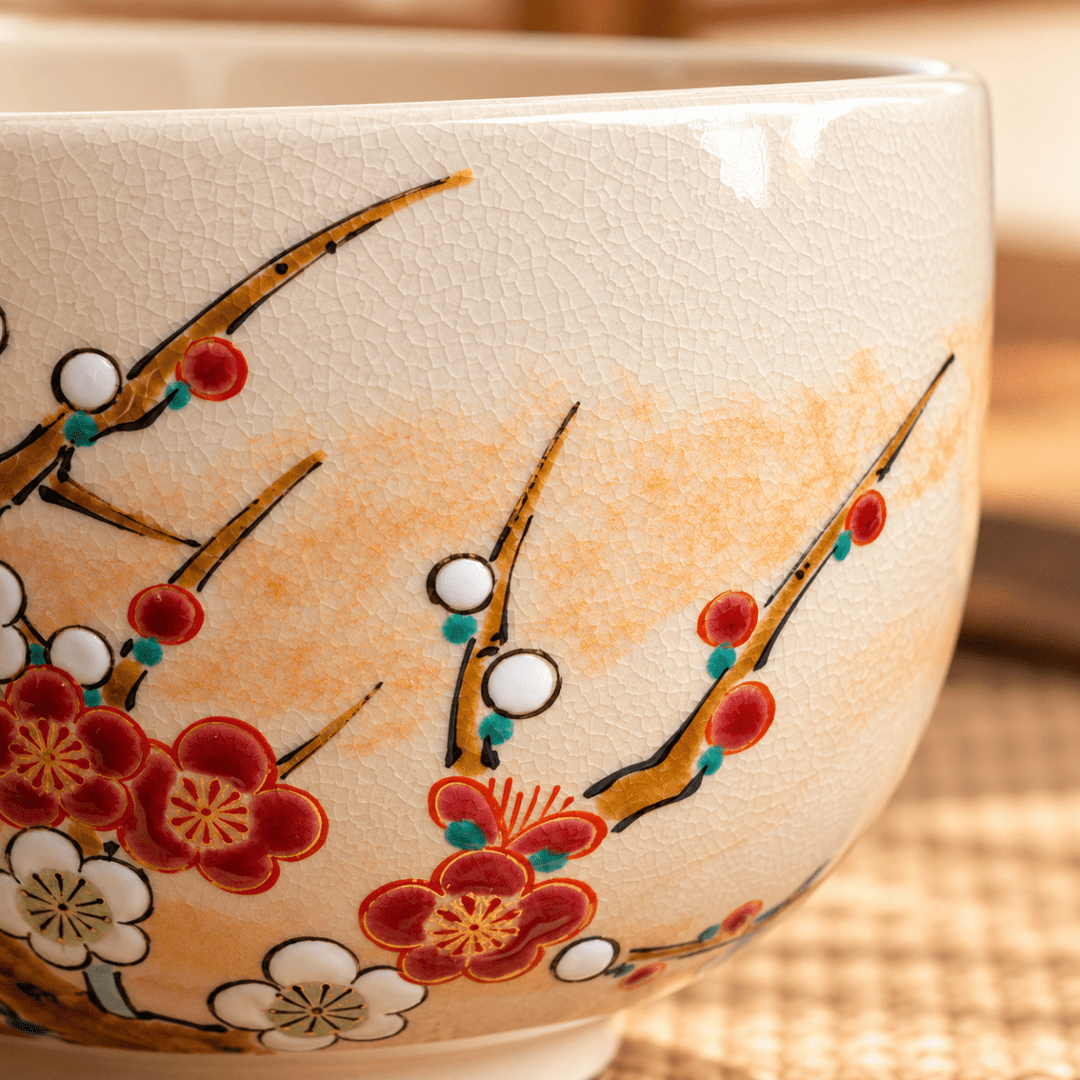 Spring Plum Blossom – Master Handmade Kyoto Kiyomizu-yaki Matcha Bowl - Tea and Whisk