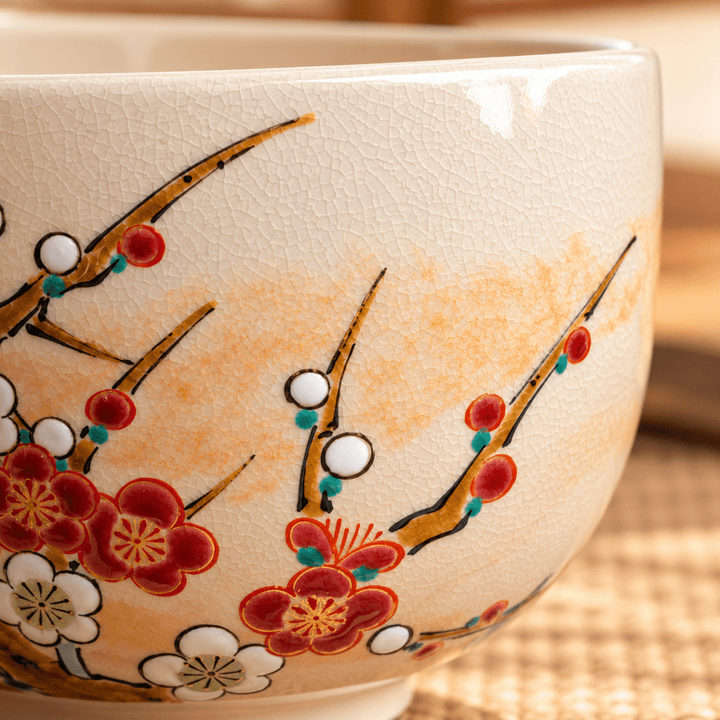 Spring Plum Blossom – Master Handmade Kyoto Kiyomizu-yaki Matcha Bowl - Tea and Whisk