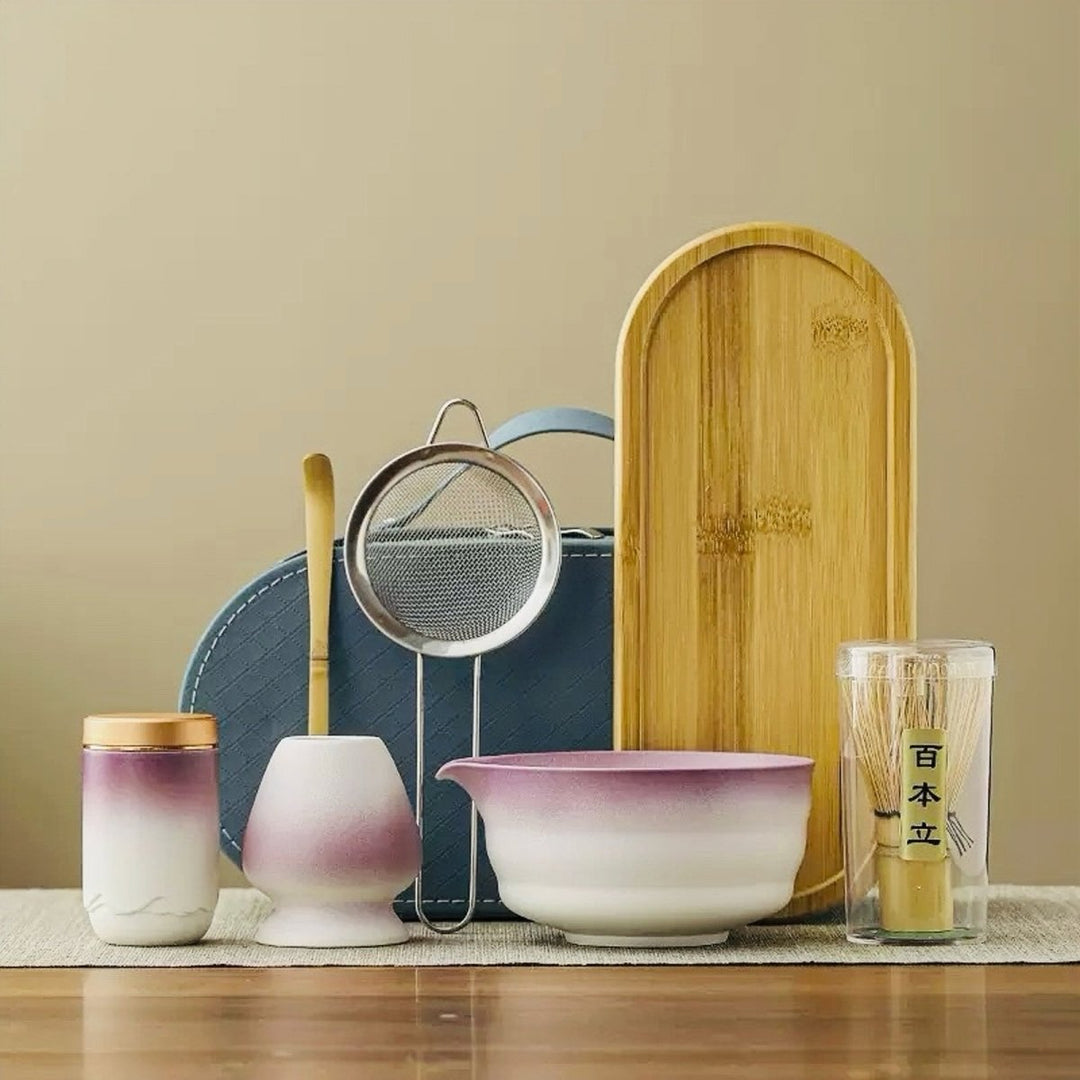 Sunrise Gradient Matcha Travel Set With Top - Grade Ceremonial Matcha - Tea and Whisk