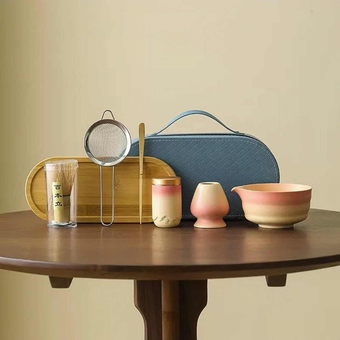 Sunrise Gradient Matcha Travel Set With Top - Grade Ceremonial Matcha - Tea and Whisk