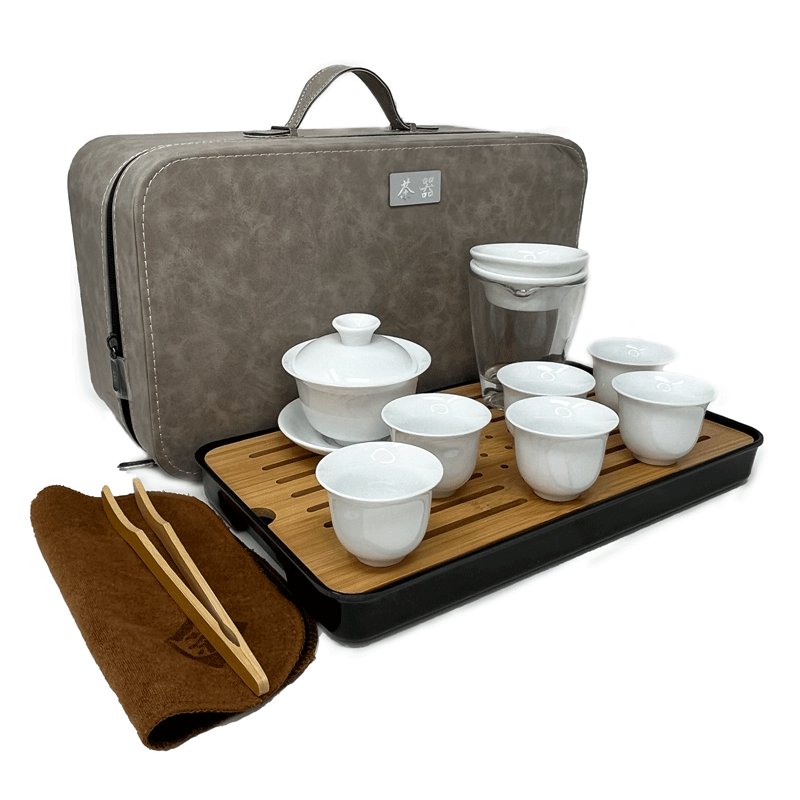 Complete Ceremonial Gongfu Travel Tea Set - Gaiwan White with Glass Fairness Cup